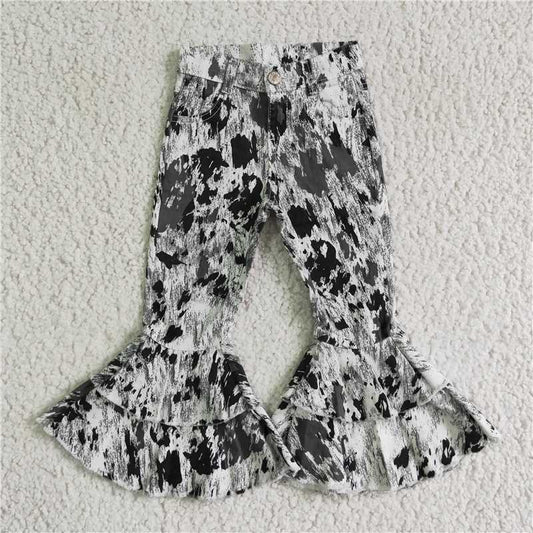 P0023  Baby Girls black cow dots western denim pants jeans