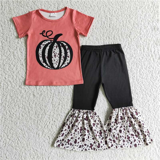 GSPO0190 Girls' Ink-Pattern Pumpkin Short-Sleeve Pants Set
