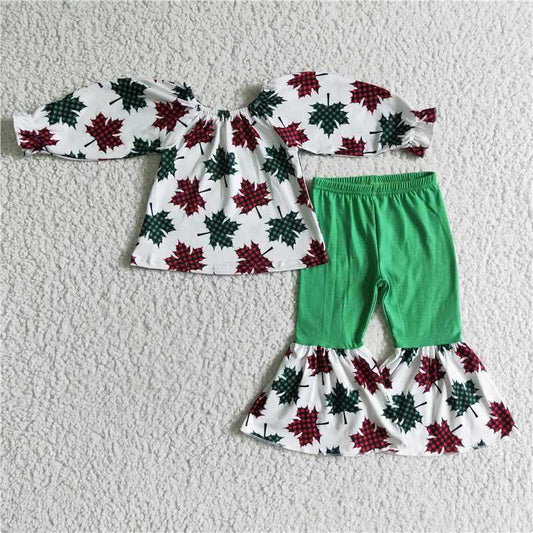 GLP0160 Girls Christmas red and green maple leaf long sleeve and trousers suit