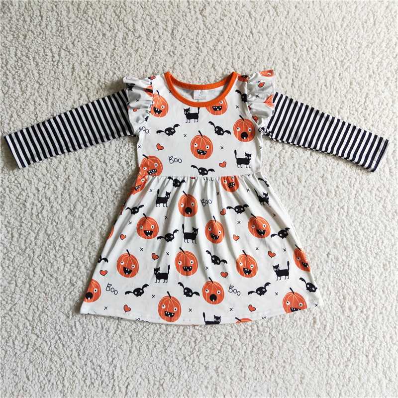 GLD0094 Baby girls pumpkin stripe long sleeve dresses