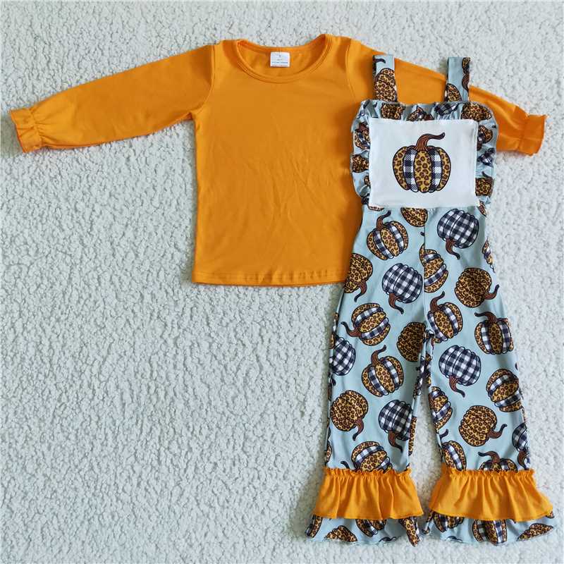 GLP0114Mustard shirt leopard plaid pumpkin overalls girls fall clothing set