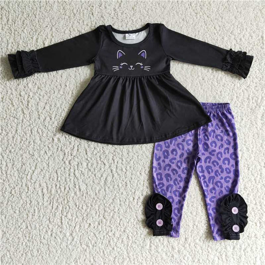 GLP0212Cat black tunic purple leopard leggings kids girls Halloween clothes