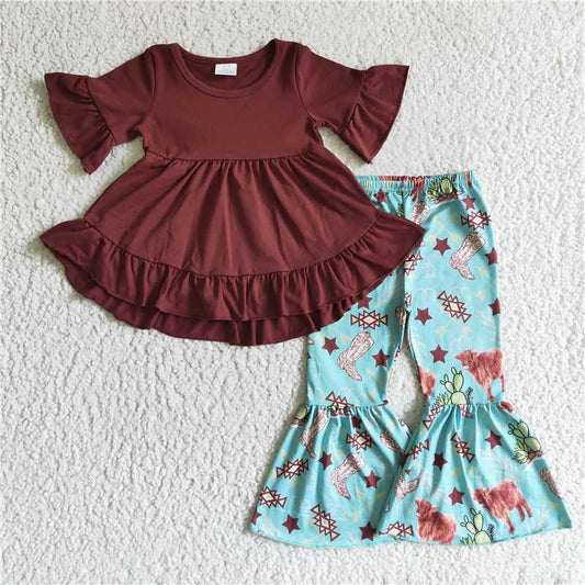 GSPO0192 Girls' burgundy short-sleeved alpine cow pants suit