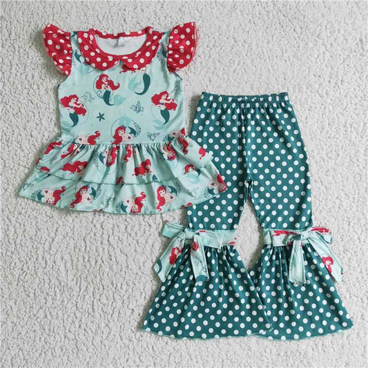 GSPO0201 Girls mermaid green flying sleeve trousers suit