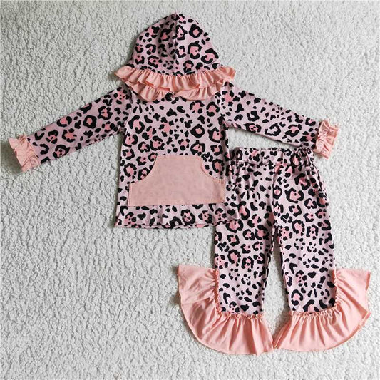 GLP0254 Girls pink leopard print pocket hooded long-sleeved trousers set