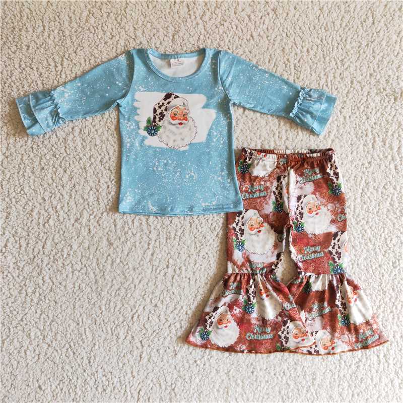 GLP0258 Girls Santa Claus blue long-sleeved trousers suit