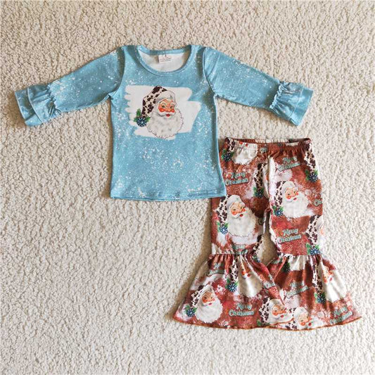 GLP0258 Girls Santa Claus blue long-sleeved trousers suit