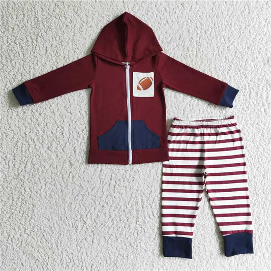 BLP0093 Boys football burgundy hooded zip-up long-sleeved pants set
