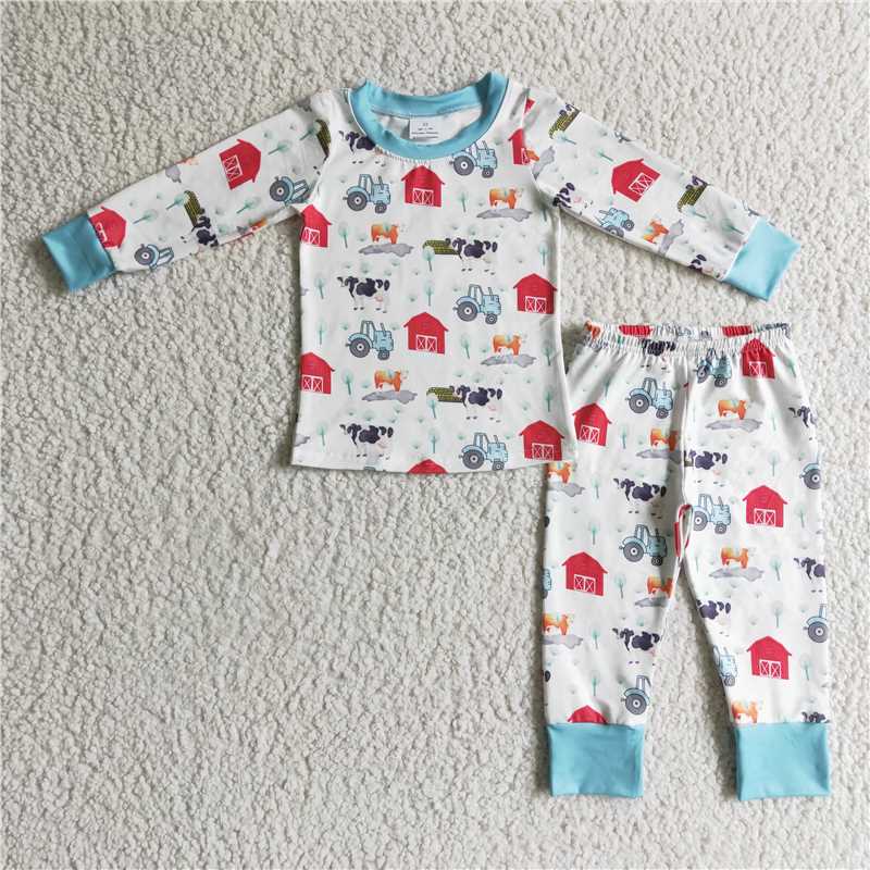 BLP0103Cow farm print long sleeves boy pajamas