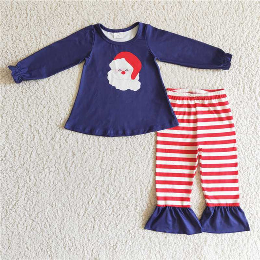 GLP0249 Girls Santa Claus navy blue long-sleeved striped trousers suit