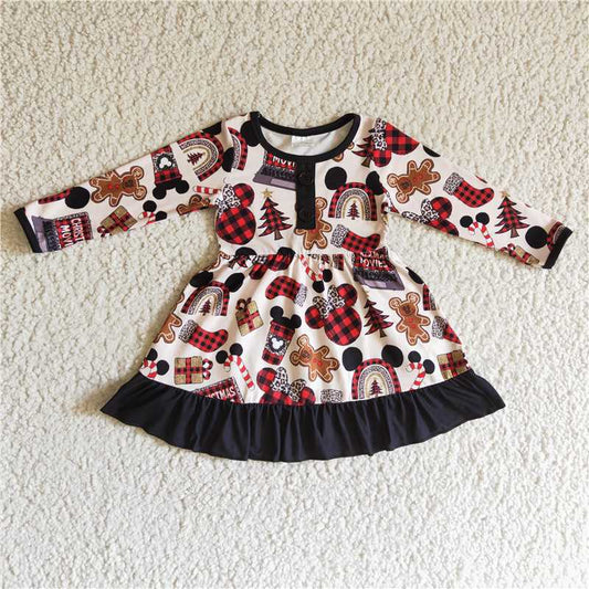 11.26 RTS NO MOQ （In stock）GLD0124 Baby Girls Brown Cartoon Knee Length Dresses