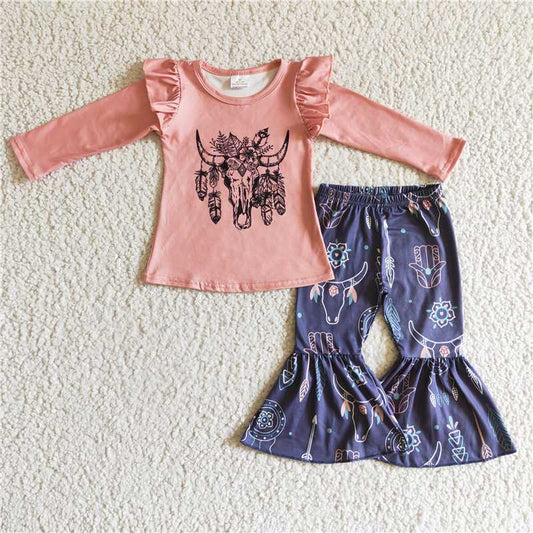 GLP0282Bull skull feather print kids girls clothing set