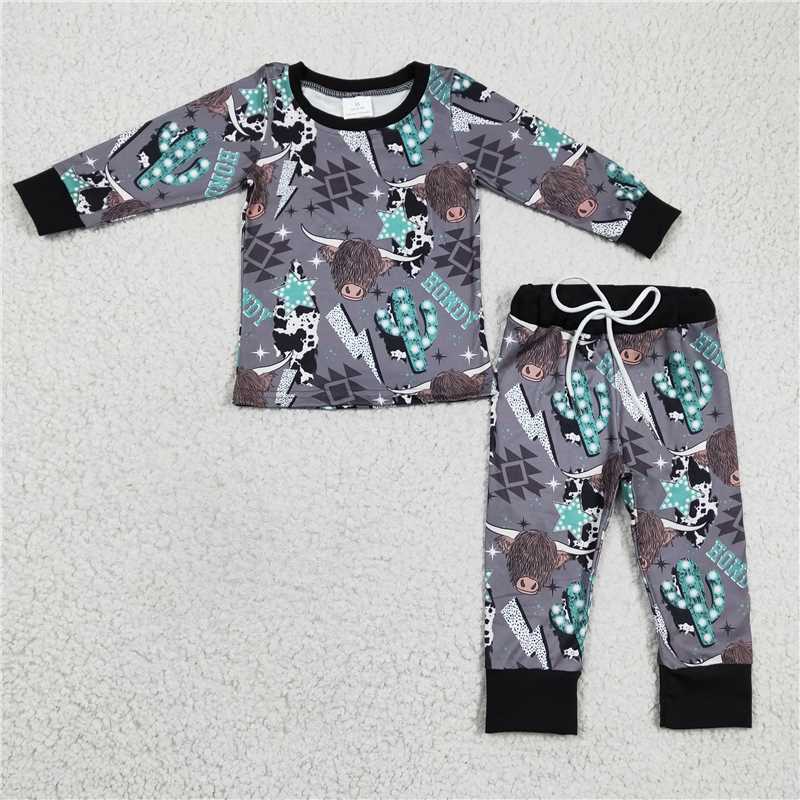 BLP0154Highland cow cactus howdy kids boy western pajamas