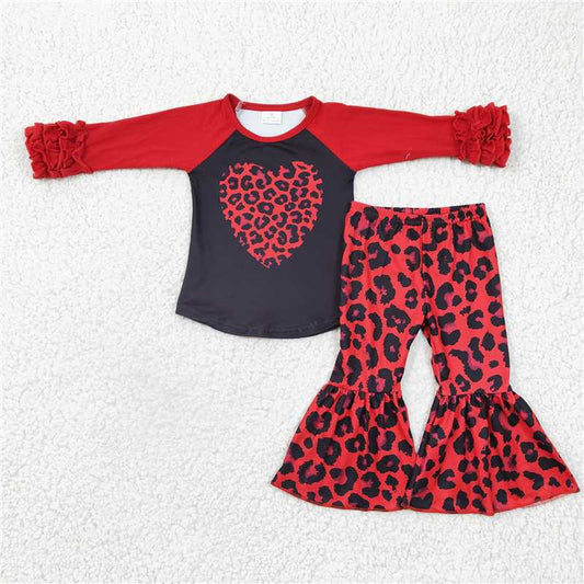 GLP0390 Red leopard heart bell bottom pants girls Valentine's day clothes
