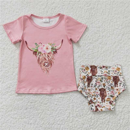 GBO0074  Baby Girls Pink Highland Cow Western Bummie Sets