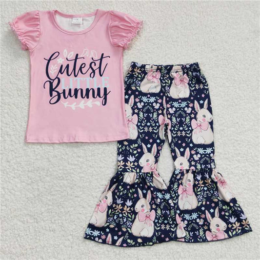 GSPO0461 Girls Bunny pink short-sleeved trousers suit