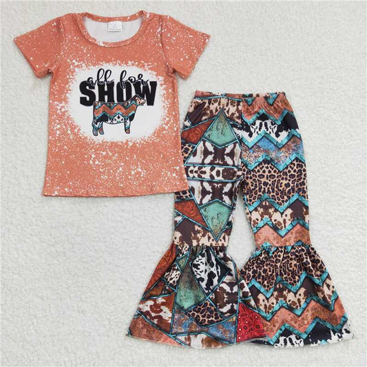 GSPO0457 Girls SHOW orange short-sleeved patchwork trousers suit