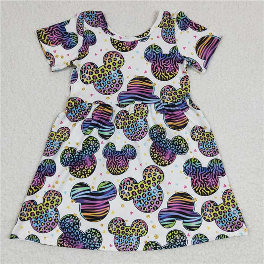 GSD0239 Girls colorful leopard print Mickey head short sleeve dress