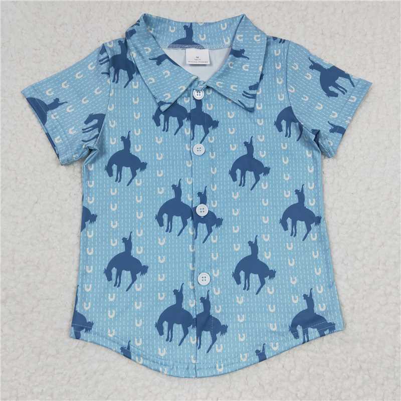 BT0164 Baby Boys Western Blue Horse Short Sleeve Shirts Tops