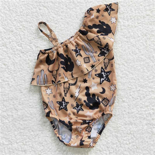 S0032  Baby Girls Western Cow Cactus One Piece Swimsuits