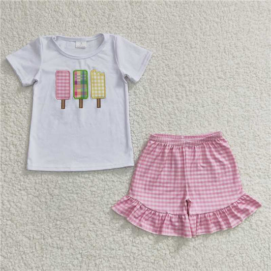 GSSO0157Popsicle embroidery cotton shirt plaid shorts kids girls outfits