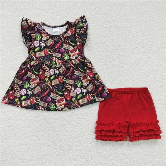 GSSO0169Crawfish flutter sleeves shirt ruffle shorts girls clothing set