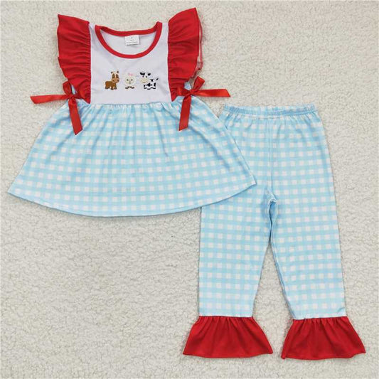 GSPO0381 Girls Embroidered Cow, Horse, Sheep Blue Flying Sleeves Pants Set