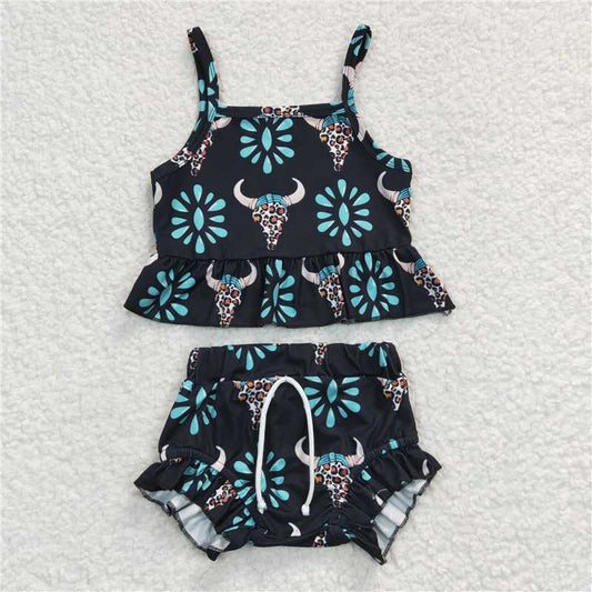 GSSO0182  Baby Girls Turquoise Western Cow Bummie Clothes Sets