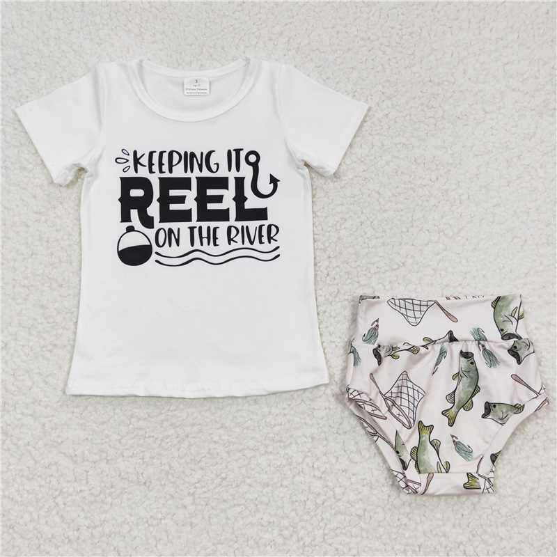 GBO0087  Baby Kids White Tops Fishing Bummie Sets
