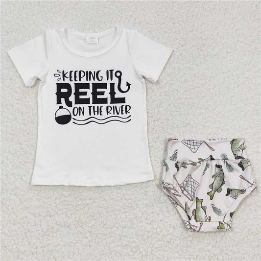 GBO0087  Baby Kids White Tops Fishing Bummie Sets