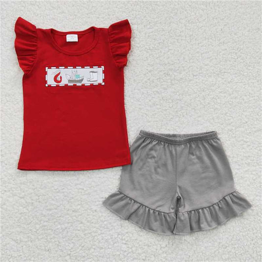 GSSO0161Crawfish sailboat embroidery shirt shorts girls clothes