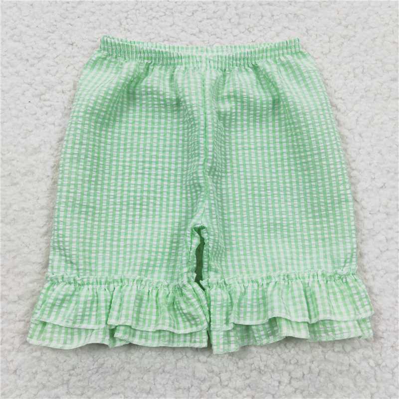 SS0066  Baby Girls Green Ruffle Plaid Seersucker Fabric Shorts