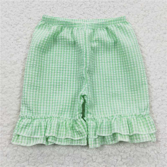 SS0066  Baby Girls Green Ruffle Plaid Seersucker Fabric Shorts