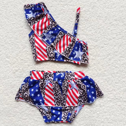S0094  Baby Girls 4th Of July 2 Pieces Ruffle Bathing Suits Swimsuits