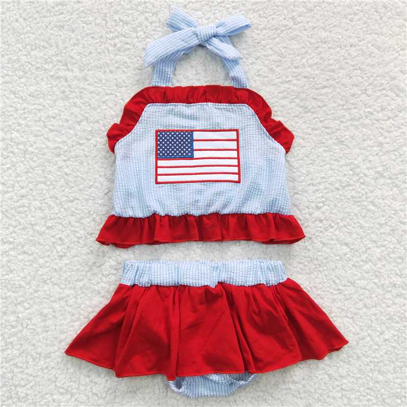 S0134 Embroidery  Baby Girls 4th Of July Flag 2 Pieces Swimsuits