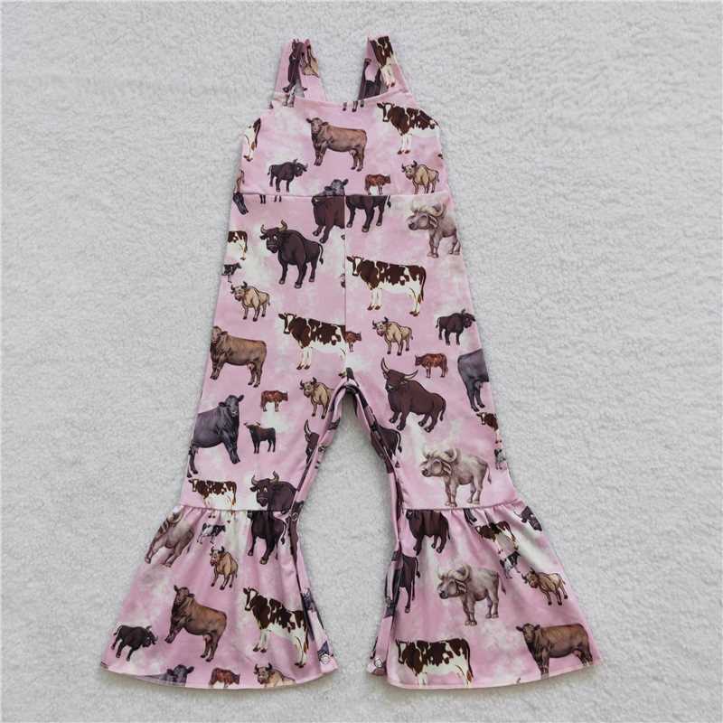 SR0372  Baby Girls Pink Cow Bell Bottom Jumpsuits