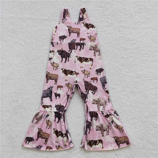SR0372  Baby Girls Pink Cow Bell Bottom Jumpsuits