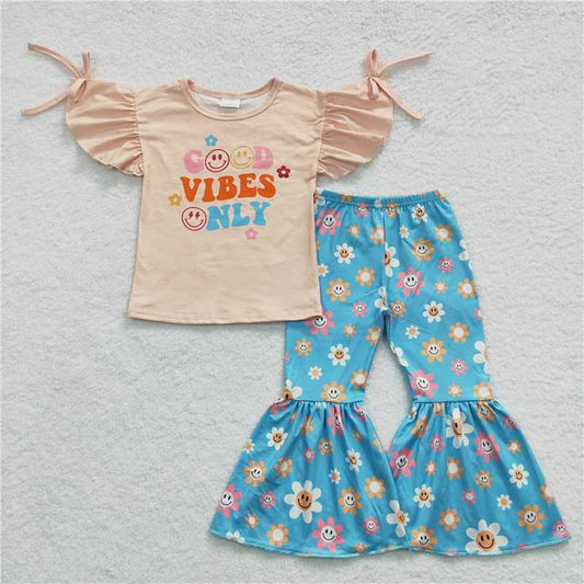 GSPO0637 Skin-colored flying sleeves blue smiley face flower bell bottom pants suit