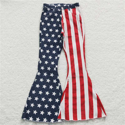 P0119  Mommy and Me Adult Baby Girls 4th July Stars Denim Bell Flare Pants Jeans