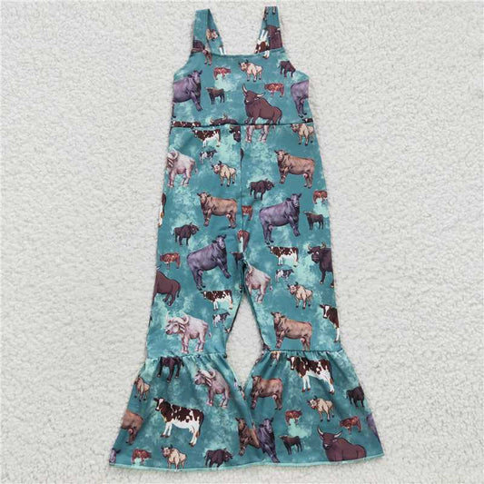 SR0371  Baby Girls Green Cow Bell Bottom Jumpsuits