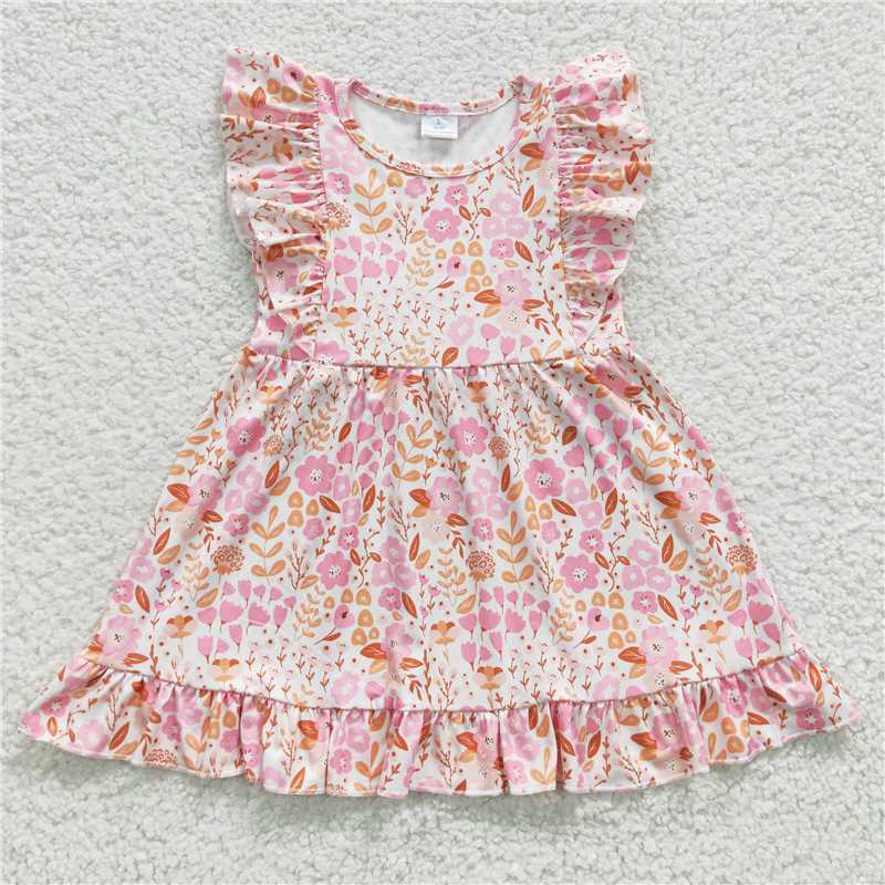 GSD0361 Pink flower flying sleeve dress