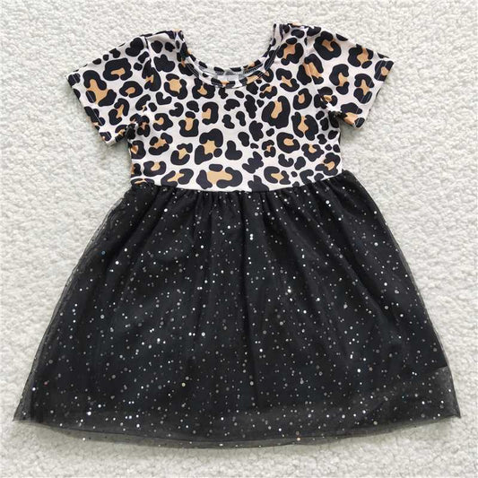 GSD0329 Leopard print short sleeve black sequined mesh dress