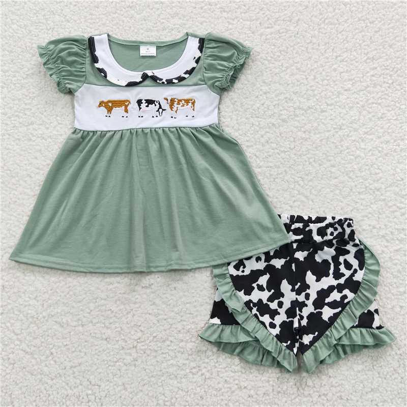 GSSO0305Cow print tunic ruffle shorts kids girls clothing set