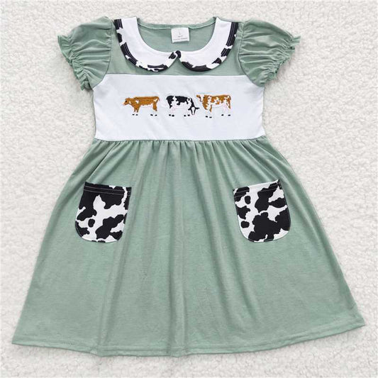 GSD0347 Girls embroidered cow green pocket short-sleeved dress