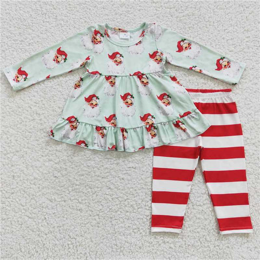 GLP0431 Santa Claus light green long-sleeved red and white striped trousers suit
