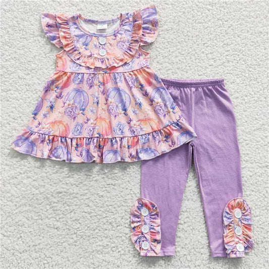 GSPO0616 Autumn Pumpkin Flying Sleeve Purple Pants Set