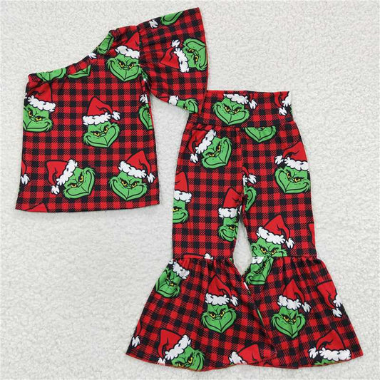 GSPO0654 Christmas grinch red and black plaid single-sleeve trousers suit