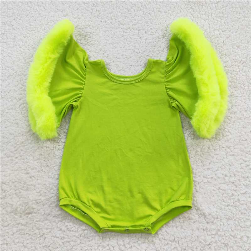 SR0413 Sibling Baby Infant Girls Fur Flutter Sleeve Rompers