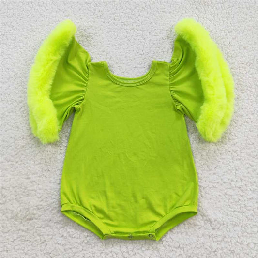 SR0413 Sibling Baby Infant Girls Fur Flutter Sleeve Rompers