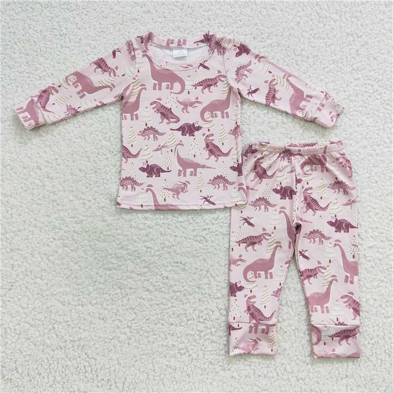 12.10 RTS NO MOQ （In stock）GLP0482 Baby Girls Pink Dinosaur Pajamas Pants Clothes Sets